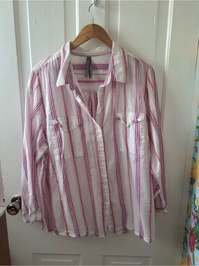 Striped Button-Down Shirt - Pink & White